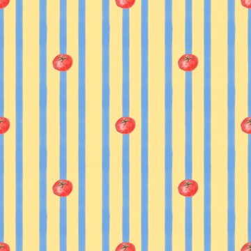 seamless pattern with tomatoes and blue yellow stripes for textile print and packaging 