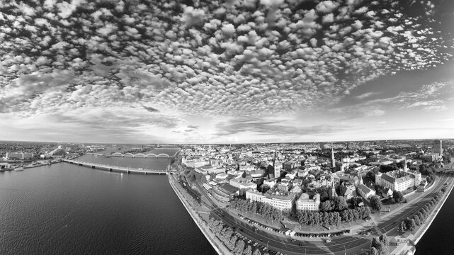 Panoramic aerial view of Riga Latvia with historic city skyline and river