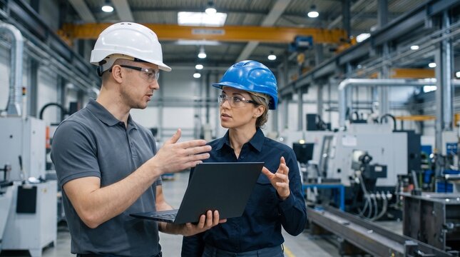 Professional industrial engineers in hard hats discussing work project on laptop in modern factory, male and female technical managers supervising manufacturing plant production operations.