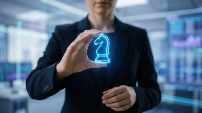 Business leader hand holding glowing chess knight icon corporate