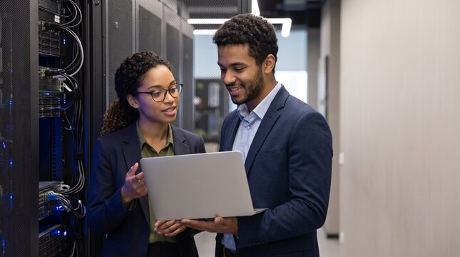 Two professional African American IT engineers looking at laptop in modern server room, database technician man and woman analyzing network data storage cabinet, digital technology concept