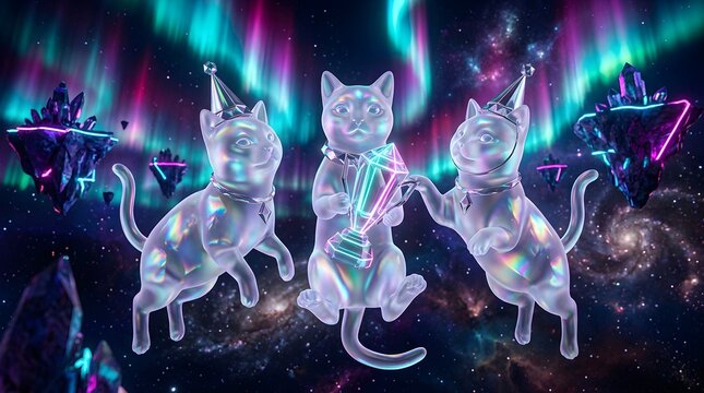 Futuristic Cosmic Cats Celebrating with Party Hats and Decorative Object