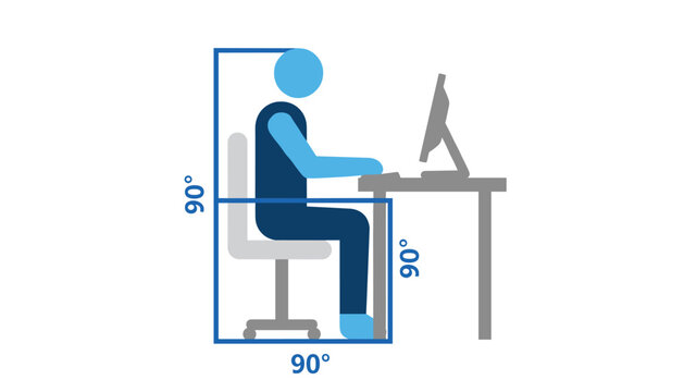 Ergonomic office seating guide showing a person sitting with correct ninety degree posture angles at a computer desk.