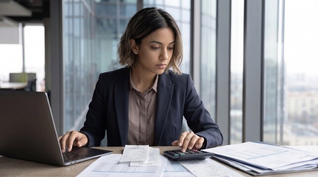 Focused young female accountant calculating taxes, financial reports at office desk. Businesswoman doing paperwork, using laptop and calculator for budget planning, bills.