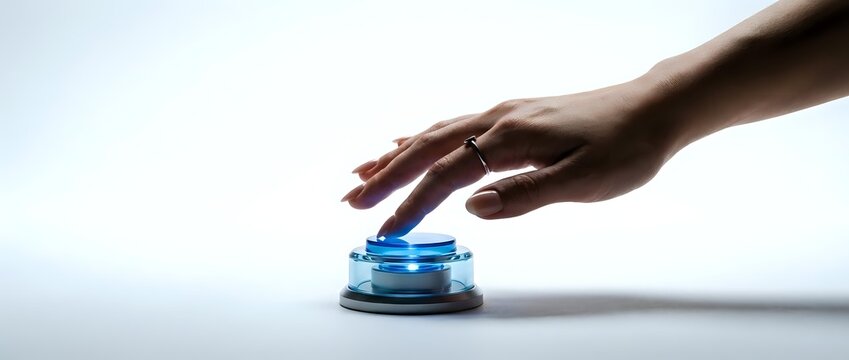 Hand reaching toward blue service bell on white surface, symbolizing customer support, assistance request, and hospitality service.