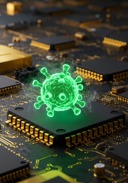 A glowing green virus model sits on a computer chip on a dark circuit board, symbolizing digital threats and cybersecurity.