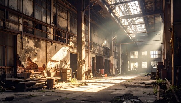 Abandoned industrial factory interior with heavy machinery.