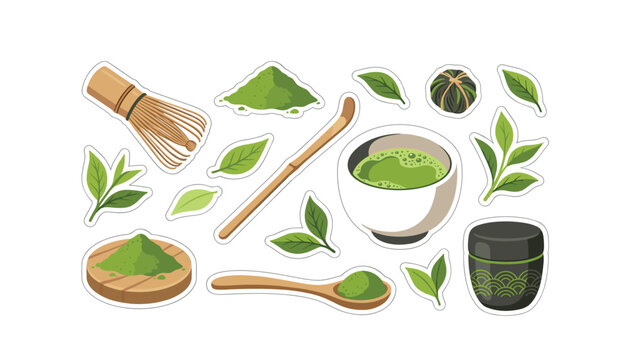 Japanese matcha green tea sticker set hand drawn vector illustration with bamboo whisk ceramic bowls spoons and fresh leaves isolated on white