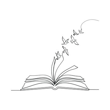 Open book with flying birds continuous line drawing on white background