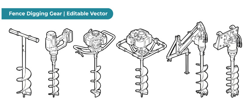 Post hole digger auger vector set of fence digging tools and machinery. Isometric line art icons of manual, gas, electric, and tractor-mounted earth drills for construction, gardening, and farm tasks.