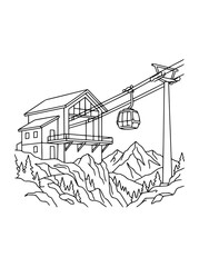 Fototapeta premium Cable Car Gondola Lift at Mountain Station Coloring Page Line Art
