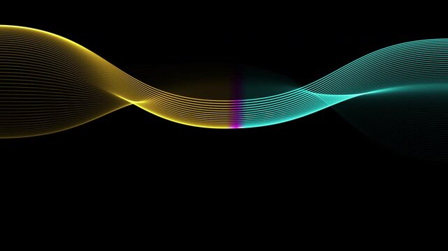 Abstract neon glowing dynamic wave lines in gradient yellow and cyan blue tones flowing seamlessly against a dark black background, ideal for futuristic technology or data concepts.