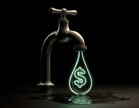 Financial leakage concept dripping faucet with glowing dollar sign water drop