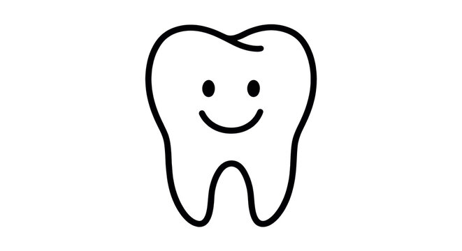 A smiling cartoon tooth with a simple line drawing on a white background