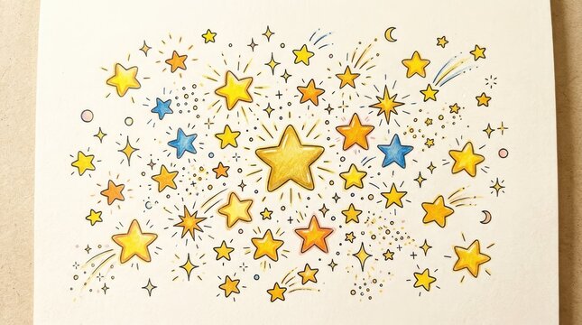A colorful illustration of a starry night sky with numerous stars of various sizes and colors, including yellow, blue, and orange, scattered across the canvas. 