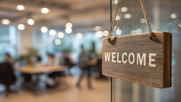 Rustic wooden welcome sign hanging on glass door of modern office space