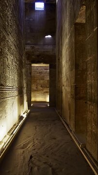 Mystical Corridors of the Ancient Egyptian Temple of Edfu. Edfu is the site of a Ptolemaic-era Temple of Horus and an ancient settlement in Egypt