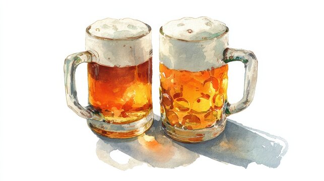 A pair of frothy beer mugs rendered in soft watercolor tones on white space