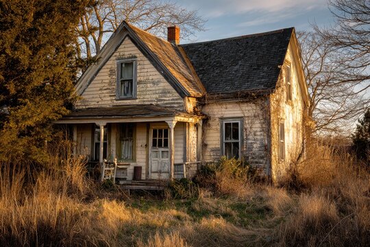 Abandoned foreclosed Cape Cod home with long grass and weathered siding
