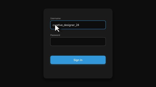 Username login panel features a dark mode aesthetic with a glowing blue button and a white cursor hovering over the text input field.