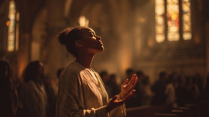 Fototapeta premium African American woman in church worship with raised hands, warm light through stained glass