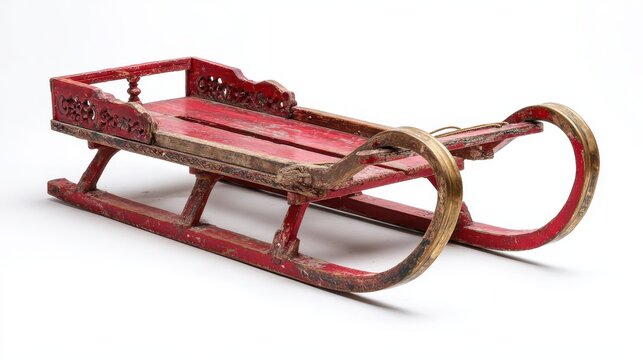 Antique wooden sled with brass runners on a clean white studio backdrop