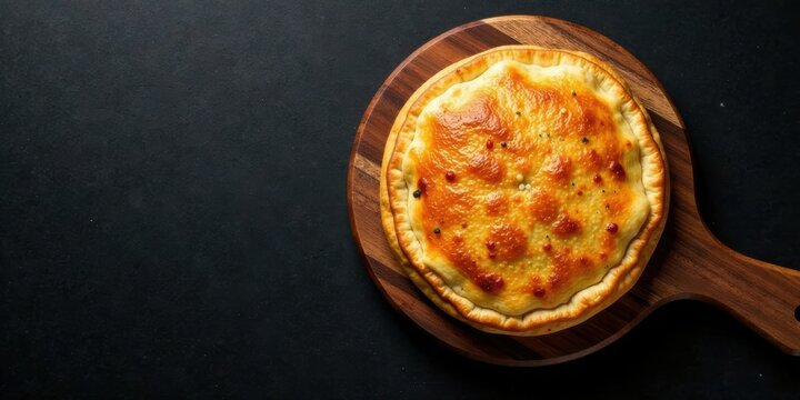 A Golden-Brown Baked Pastry on a Rustic Wooden Board Against a Dark Background