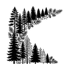 Obraz premium Black and White Pine Forest and Trees Illustration with Pine Cones