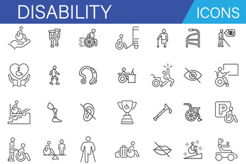 Fototapeta premium Line icon set of monochrome disability. Deaf and blindness and mobility impaired people with disabilities, inclusivity line icon set vector illustration. 