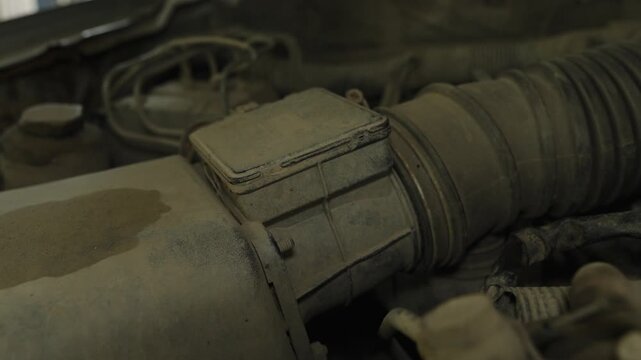 A dusty mass air flow sensor inside a car engine.