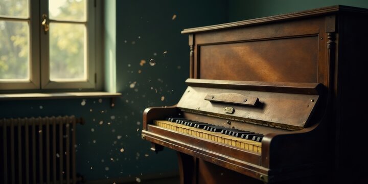 An antique upright piano sits near a sunlit window, dust motes dancing in the light beams.