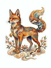 Fototapeta premium Ornate fox with decorative patterns, floral elements, and swirling details in warm tones. Isolated artwork suitable for prints, textiles, and design projects.