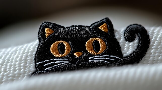 Black cat embroidered patch with golden eyes and whiskers on white fabric background, isolated for apparel decoration, crafts, and textile design applications.