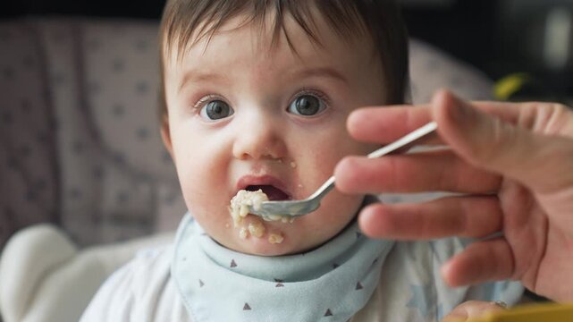 Adorable baby eating messy food in highchair, wearing light blue bib. Toddler learns self-feeding skills with food on face. Infant enjoys nutritious meal during important developmental milestone.