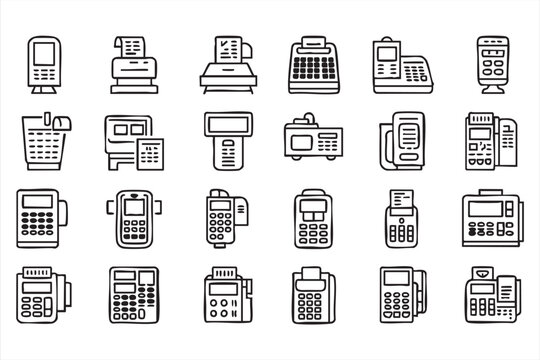 Retail payment line icon set with POS terminals, cash registers, card readers and receipt printers