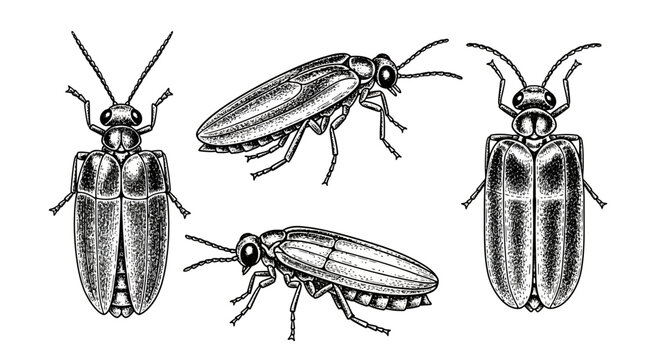 Vintage Illustration of Firefly Beetles from Multiple Angles