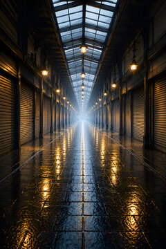 Empty Covered Shopping Arcade with Wet Pavement Reflections after Rain
