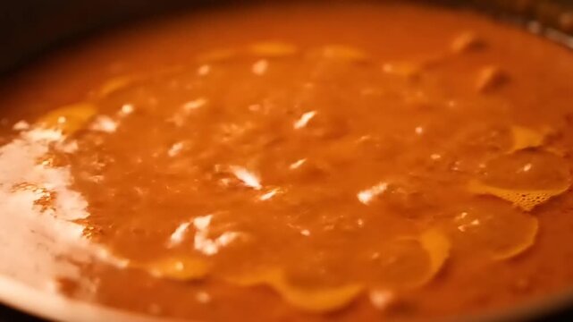 Close-up of a rich, simmering tomato-based stew with visible chunks of ingredients.