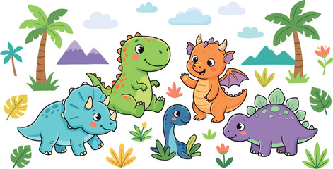 Happy cartoon dinosaurs illustration collection for kids nursery decor with palm trees mountains leaves and prehistoric creature characters clipart © Sumaiya Akter Sweety