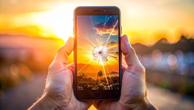 Person holding broken smartphone with cracked screen against vibrant sunset background