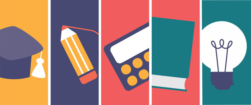Colorful Flat Education Icon Set with Graduation Cap Pencil Calculator Book and Lightbulb