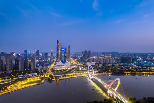 Aerial view of the night skyline of Hexi district in Nanking, Jiangsu Province, China