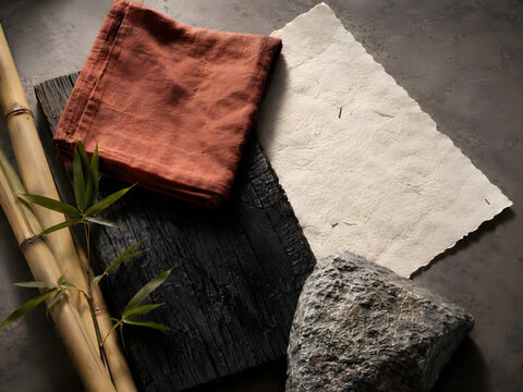 Japanese Inspired Natural Material Palette with Dyed Fabric Bamboo Paper and Charred Wood