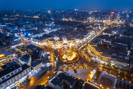 Aerial view of the Xi'an Bell Tower skyline at night in Xi'an, Shaanxi Province, China