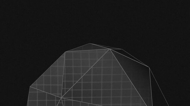 Geometric grid spheres spin close up in a seamless 3D animation loop with textured dark noise background for high tech website hero sections and banners