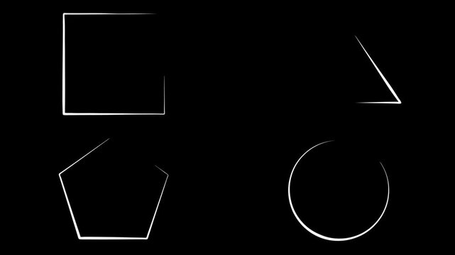Line path animation pack featuring white outline geometric shapes including a rectangle, triangle, pentagon, and circle self-drawing on a black background