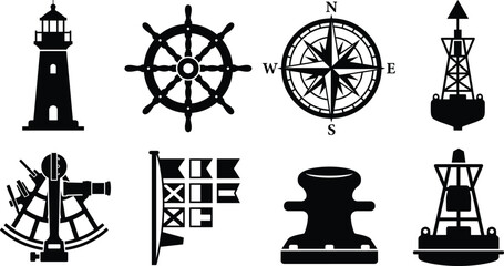 Vector silhouette icons of maritime navigation including lighthouse, compass, sextant, buoys, ship wheel, and nautical symbols © MDMAHMUDUL