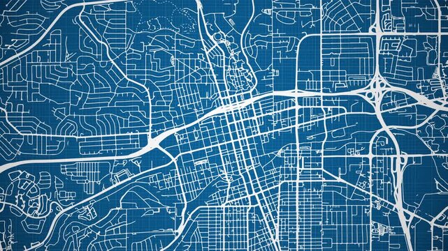 Ink reveal animation of Reno city, Nevada (NV), United States of America, grid map. Aerial top view. Blueprint style. White lines with blue background. 4K Seamless loop.