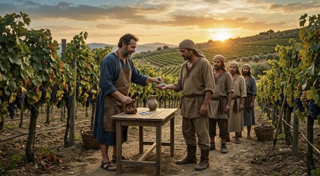 Master of the vineyard paying workers with silver coins at sunset. Biblical New Testament parable scene