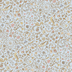 Flowers of the Meadow. Vintage seamless curls floral pattern. Flowers, birds, snakes. Inspired by Inspired by the Renaissance. Pastel colors © OlgaKorneeva